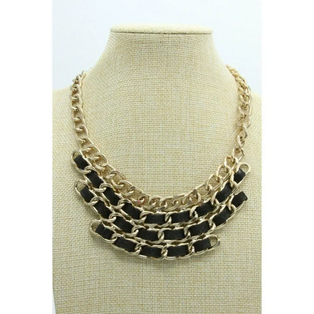 Leather & Gold Tone Necklace Choker Collar 16